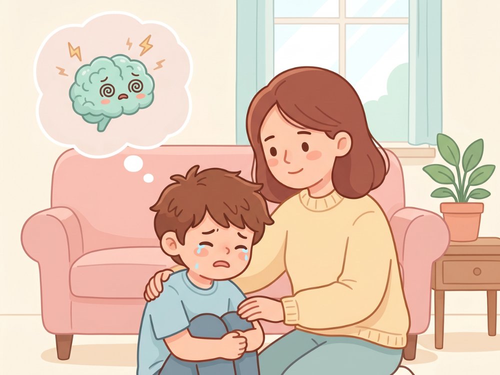 Un enfant submergé pendant une crise, son cerveau représenté hors-ligne dans une bulle